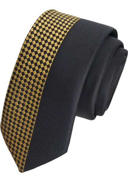 Altın Siyah Yarısı Dama Desenli Özel Pano Kesim Ince Moda Slim Kravat fiyatları