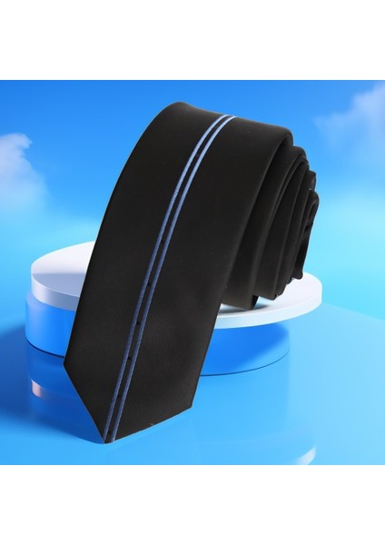 Siyah Ortasında Çift Mavi Çizgili Özel Kesim Ince Moda Slim Kravat