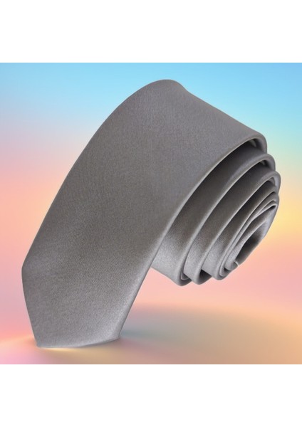 Gri Sade Saten Dokuma Ince Moda Slim Kravat