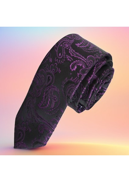 Mor Şal Desenli Siyah Ince Moda Slim Kravat