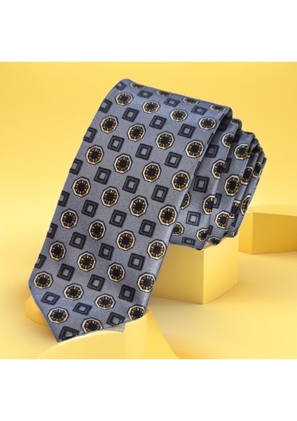 Mavi Üzeri Geometrik Desen Baskılı Ince Moda Slim Kravat