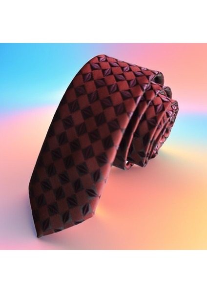 Bordo Üzerine Geometrik Kahve Çekirdeği Jakar Dokuma Ince Moda Slim Kravat