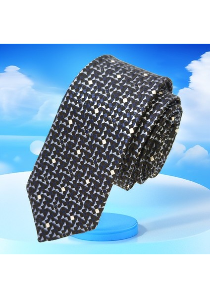 Lacivert Üzerine Mavi Üçgen Desenli Jakar Dokuma Ince Moda Slim Kravat