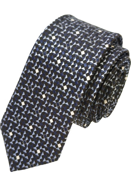 Lacivert Üzerine Mavi Üçgen Desenli Jakar Dokuma Ince Moda Slim Kravat fiyatları