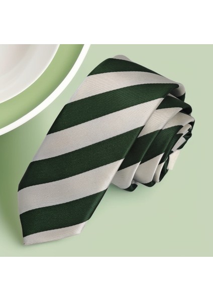 Yeşil Beyaz Çizgili Jakar Dokuma Ince Moda Slim Kravat