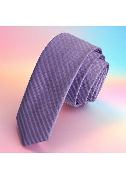 Mor Lila Kendinden Çizgili Jakar Dokuma Ince Moda Slim Kravat