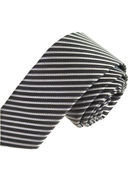 Siyah Beyaz Çizgili Jakar Dokuma Ince Moda Slim Kravat