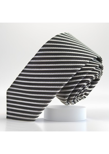 Siyah Beyaz Çizgili Jakar Dokuma Ince Moda Slim Kravat fiyatları