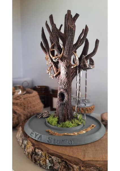 Yeşil Ağaç Figürlü Takı ve Mücevher Askısı, Doğal Yosun Detaylı, Şık ve Pratik