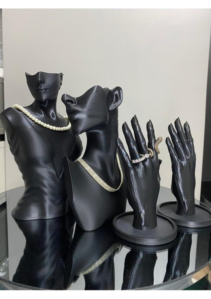 4'lü Dekoratif Takı Organizer Manken Standı, Makyaj ve Yüzük Sergi, 21 cm Siyah fırsatları