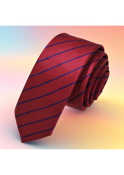 Bordo Mavi Çizgili Jakar Dokuma Ince Moda Slim Kravat