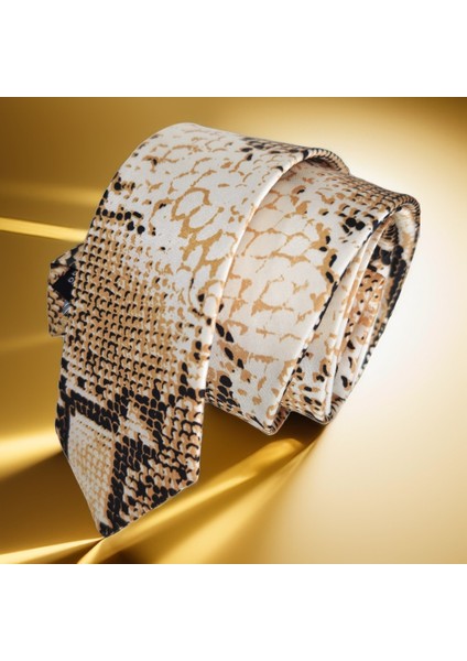 Bej Altın Siyah Yılan Derisi Desen Baskılı Ince Moda Slim Kravat