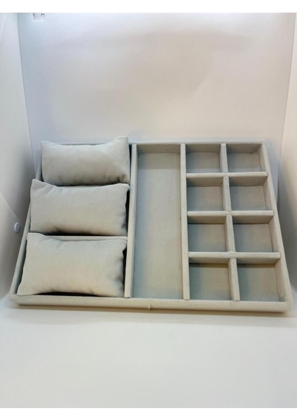 Şık Süet Kumaş Gri Takı ve Gözlük Standı, 34X24 Cm, Iç Çekmece Tasarımı