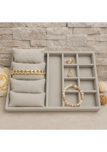 Şık Süet Kumaş Gri Takı ve Gözlük Standı, 34X24 Cm, Iç Çekmece Tasarımı modelleri