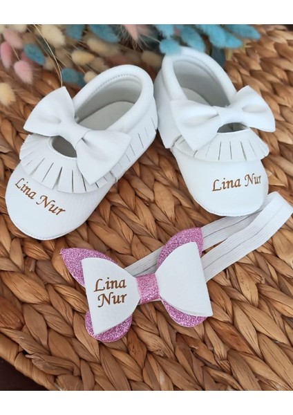 Bebeğinize Özel Beyaz Fiyonk Ayakkabı ve Bandana