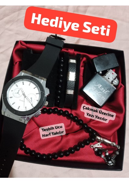 Özel Kutulu Hediyelik Erkek Kombin Saat Seti Çakmak Yazısıtesbih Harfleri Dahil - 6045