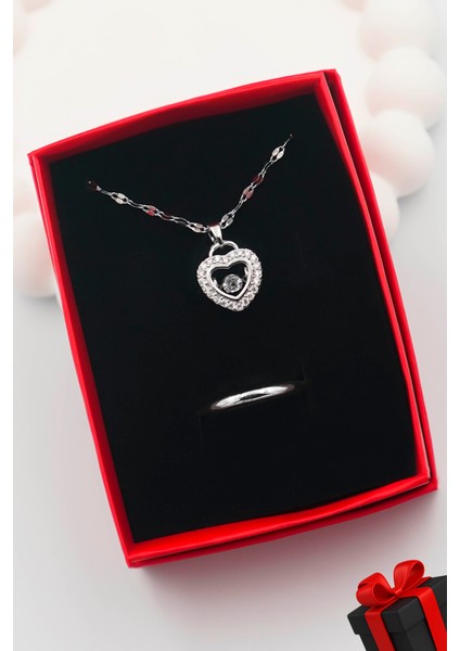 Kadın Paslanmaz Çelik Zirkon Taşlı Kalp Kolye ve Sıra Taşlı Yüzük Set