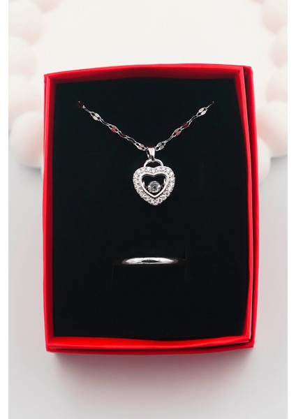 Kadın Paslanmaz Çelik Zirkon Taşlı Kalp Kolye ve Sıra Taşlı Yüzük Set fiyatları