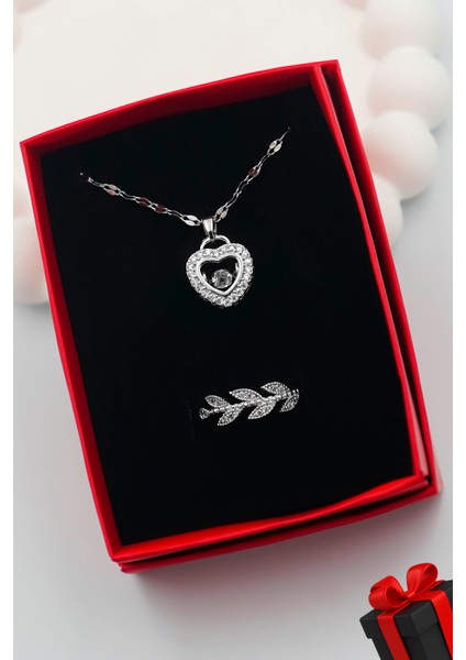 Kadın Paslanmaz Çelik Gümüş Zirkon Taşlı Kalp Kolye ve Zarif Yüzük Set