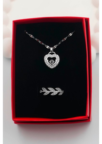 Kadın Paslanmaz Çelik Gümüş Zirkon Taşlı Kalp Kolye ve Zarif Yüzük Set fiyatları