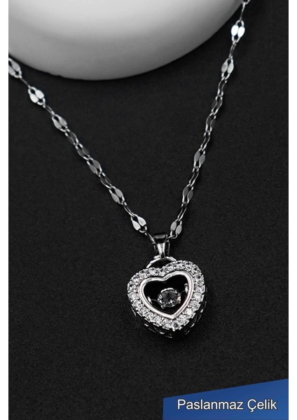 Kadın Paslanmaz Çelik Gümüş Zirkon Taşlı Kalp Kolye ve Zarif Yüzük Set modelleri