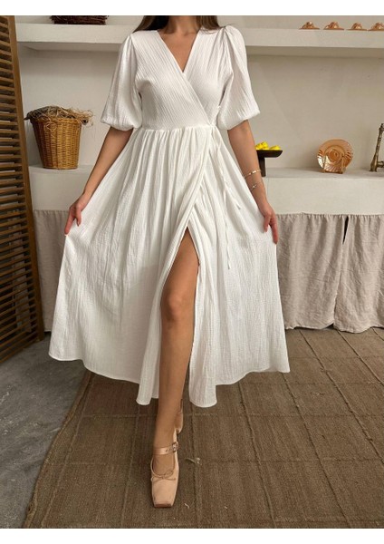 Elden Bağlamalı V Yaka Pamuk Dokulu Maxi Elbise - Kısa Kollu - Yırtmaç Detaylı