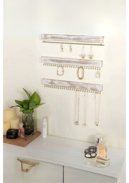 3'lü Ahşap Takı Düzenleyici, Kolye, Bileklik, Saat, Gözlük Için Duvar Askısı