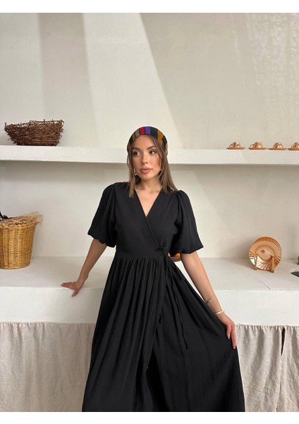 Elden Bağlamalı V Yaka Pamuk Dokulu Maxi Elbise - Kısa Kollu - Yırtmaç Detaylı