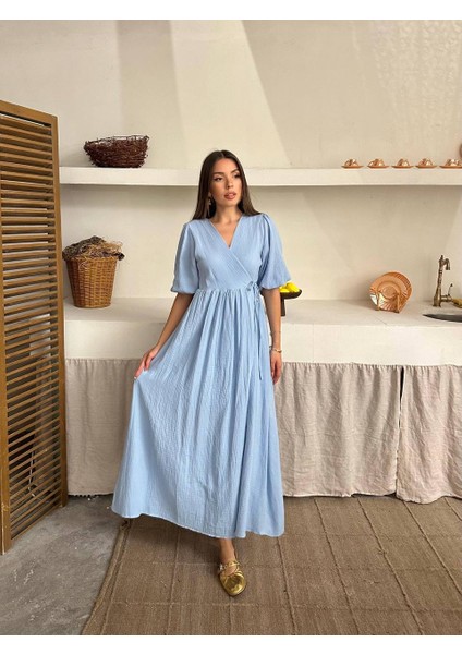 Elden Bağlamalı V Yaka Pamuk Dokulu Maxi Elbise - Kısa Kollu - Yırtmaç Detaylı modelleri