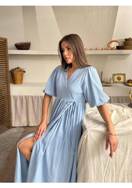 Elden Bağlamalı V Yaka Pamuk Dokulu Maxi Elbise - Kısa Kollu - Yırtmaç Detaylı fırsatları
