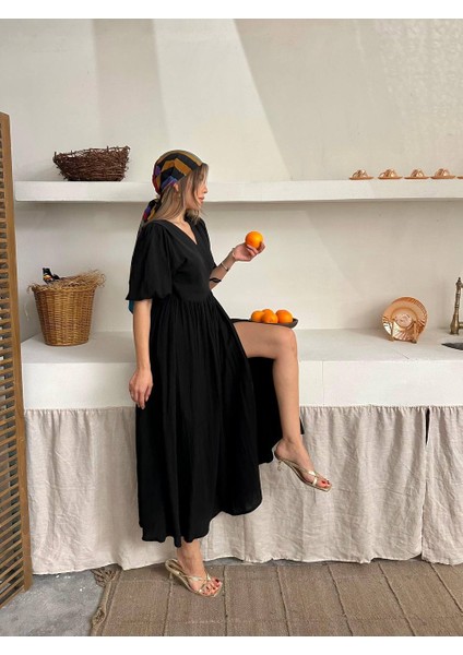 Elden Bağlamalı V Yaka Pamuk Dokulu Maxi Elbise - Kısa Kollu - Yırtmaç Detaylı