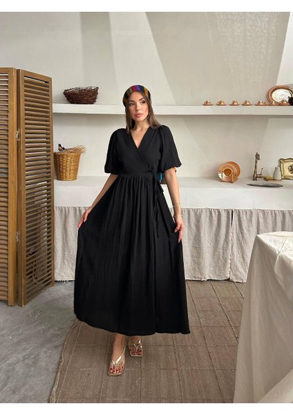 Elden Bağlamalı V Yaka Pamuk Dokulu Maxi Elbise - Kısa Kollu - Yırtmaç Detaylı
