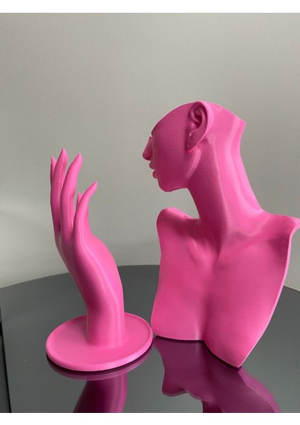 Pembe Renk Takı Mankeni ve El 2'li Set, 21 ve 18 cm Takı Teşhir Standı