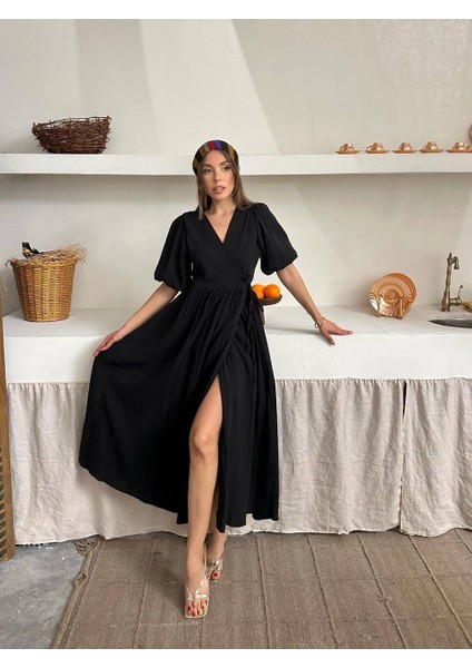 Elden Bağlamalı V Yaka Pamuk Dokulu Maxi Elbise - Kısa Kollu - Yırtmaç Detaylı indirimleri