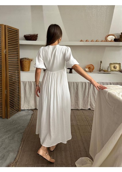 Elden Bağlamalı V Yaka Pamuk Dokulu Maxi Elbise - Kısa Kollu - Yırtmaç Detaylı