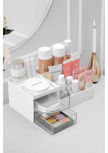 Beyaz Çok Bölmeli Makyaj Düzenleyici Seti, 2 Çekmeceli, Hediye Takım modelleri