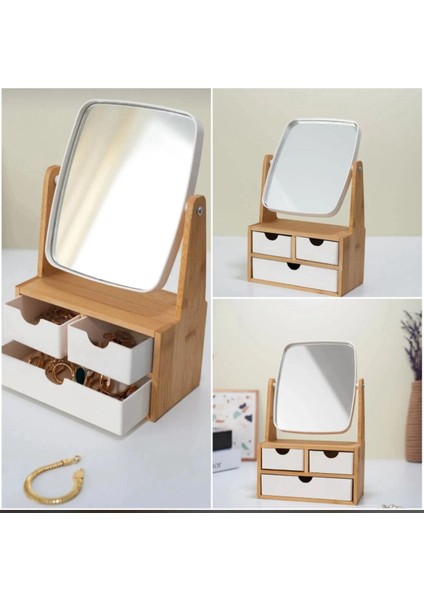 Bambu 3 Çekmeceli Aynalı Makyaj ve Takı Organizer, Şık ve Fonksiyonel Kullanım Sağlar