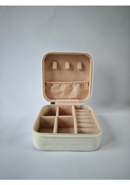 Bej Dikdörtgen Takı Kutusu, Yüzük, Küpe, Kolye Saklama Organizeri