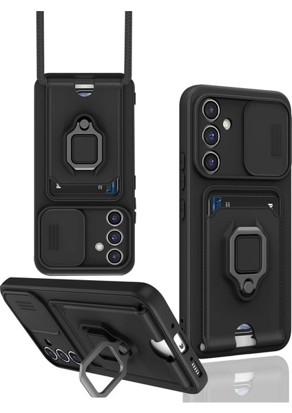 Samsung Galaxy S24 Fe Uyumlu Kartlıklı Taşıma Ipli Yüzüklü 3D Kamera Korumalı Kılıf