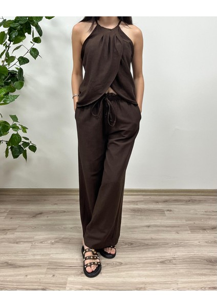 Keten Dokulu Bluz Pantolon Takım