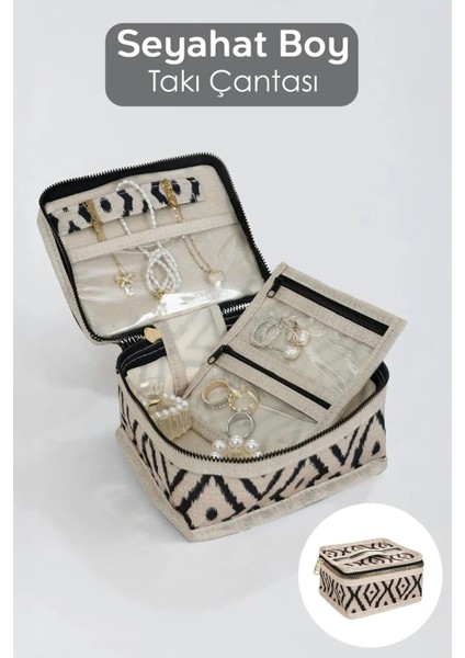 Taşınabilir Takı Organizatörü, Bej, Çok Bölmeli, Hafif ve Şık Tasarım