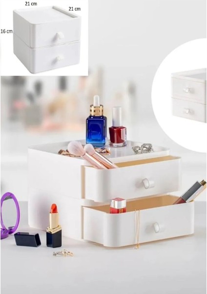 Iki Katlı Çekmeceli Beyaz Makyaj ve Ofis Düzenleyici