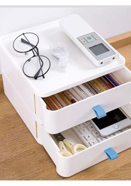 Iki Katlı Çekmeceli Beyaz Makyaj ve Ofis Düzenleyici