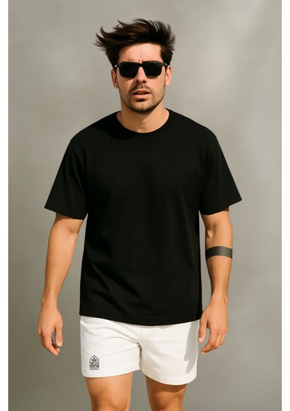 Store %100 Organik Pamuk Nefes Alan Premium Yarım Oversize Bisiklet Yaka Basic Erkek/Unisex Tişört Siyah