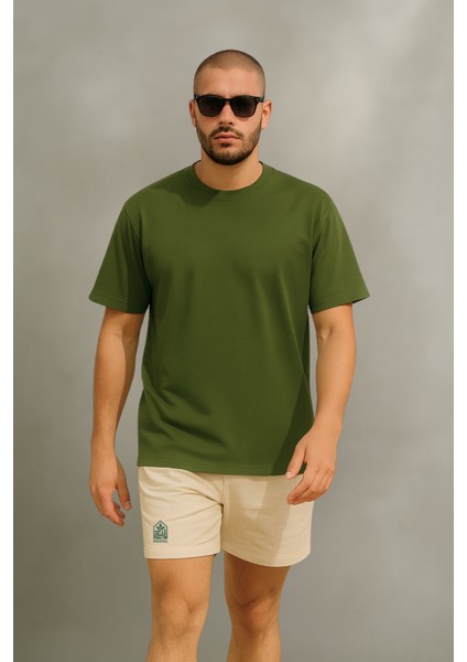 Store %100 Organik Pamuk Nefes Alan Tok Yumuşak Dokulu Premium Yarım Oversize Bisiklet Yaka Basic Erkek/Unisex Tişört Haki