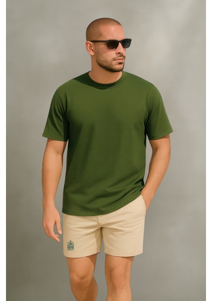 Store %100 Organik Pamuk Nefes Alan Tok Yumuşak Dokulu Premium Yarım Oversize Bisiklet Yaka Basic Erkek/Unisex Tişört Haki fiyatları