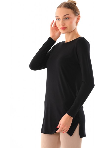 Kadın Viskon Full Likra Tunik-Siyah