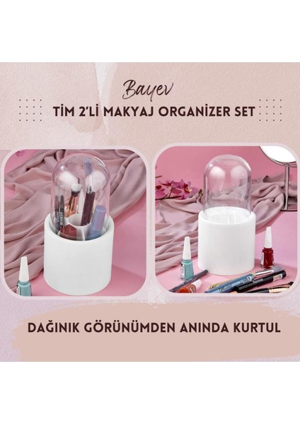 2'li Beyaz Makyaj Fırçası ve Kozmetik Organizer, Şeffaf Kapaklı, Hijyenik Kutu