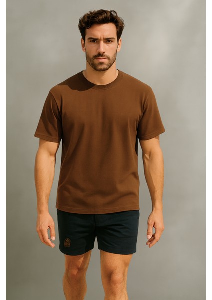 Store %100 Organik Pamuk Nefes Alan Tok Yumuşak Dokulu Premium Yarım Oversize Bisiklet Yaka Basic Erkek/Unisex Tişört Kahverengi