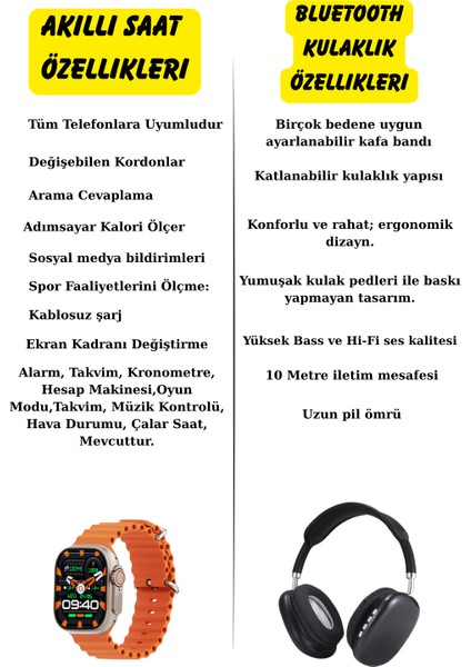 Kulakl Üstü Bluetooth Kulaklık ve Ultra Akıllı Saat Ikili Set 4 Renk Kordon Hediyeli fırsatları